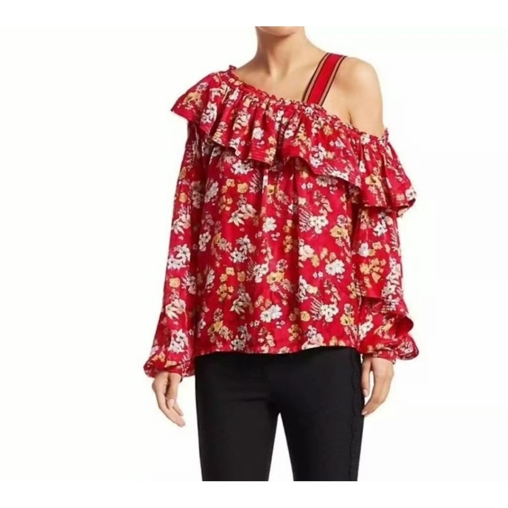 Derek Lam 10 Crosby Red Floral Silk Blend Ruffle Cold Shoulder Top 4